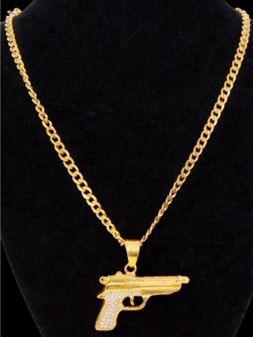 Gold Gun Pendant Necklace - Men's Statement Chain 22” Chain~ Zirconia Stones 💛🖤💛